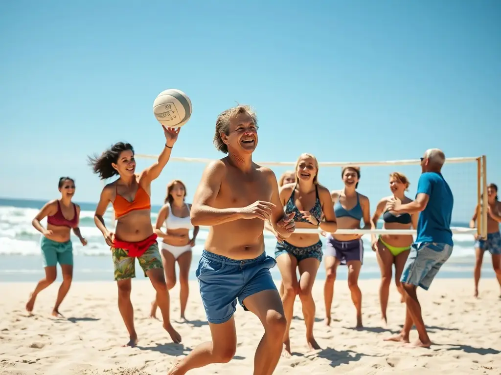 An image of adults participating in a volleyball game on a beach, symbolizing the recreational activities available at ASSOCIATION SPORTIVE DE BOIVRE.