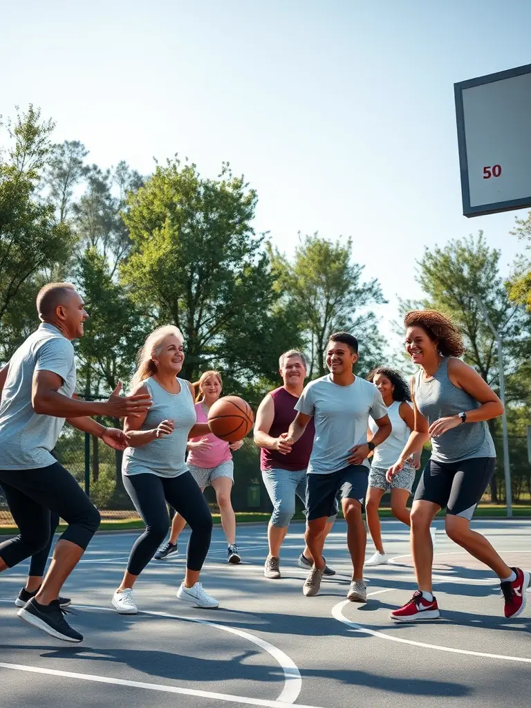 An image depicting adults engaged in a basketball game, emphasizing fitness and community interaction, within the ASSOCIATION SPORTIVE DE BOIVRE's recreational activities.