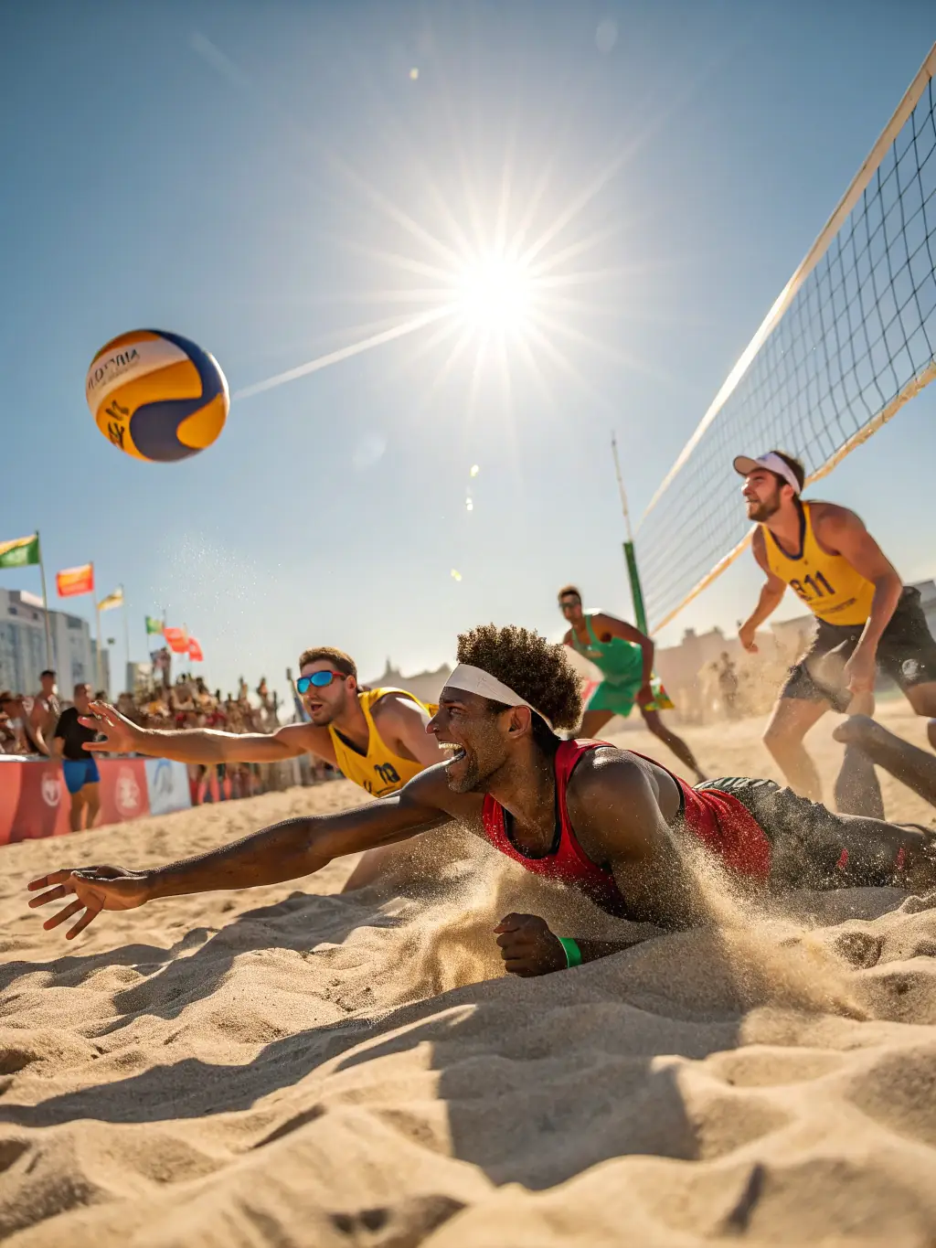 A group of people participating in a volleyball match on a beach, highlighting the recreational and enjoyable nature of the sport.