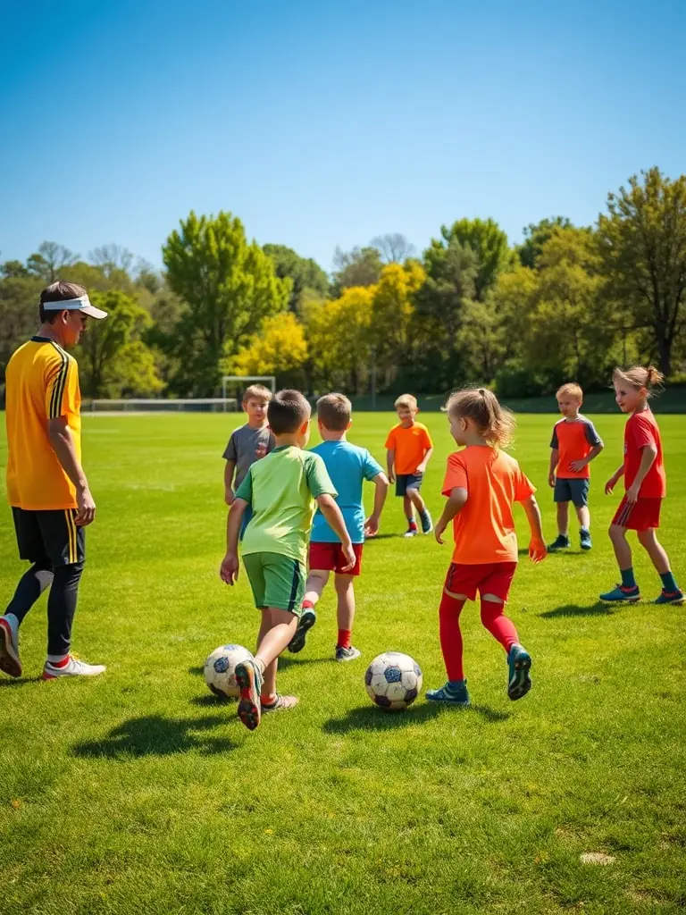 A dynamic image of children participating in a soccer training session, showcasing teamwork and active engagement.