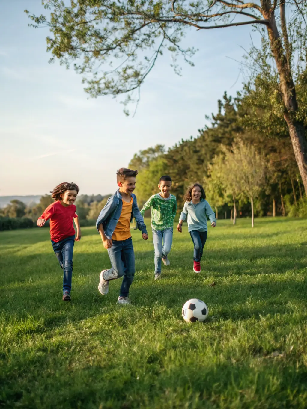 A vibrant image of children participating in a soccer training session, showcasing teamwork and active engagement, set against a sunny backdrop at ASSOCIATION SPORTIVE DE BOIVRE.