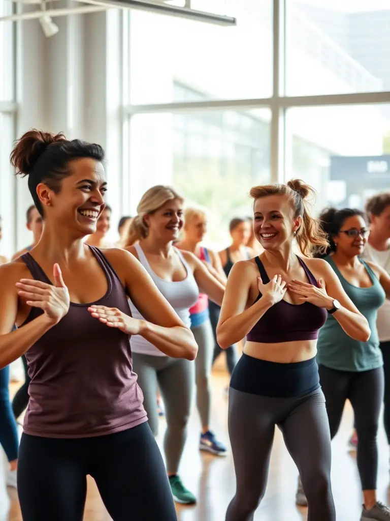 A diverse group of individuals participating in a fitness class, demonstrating the variety and inclusivity of the fitness programs.