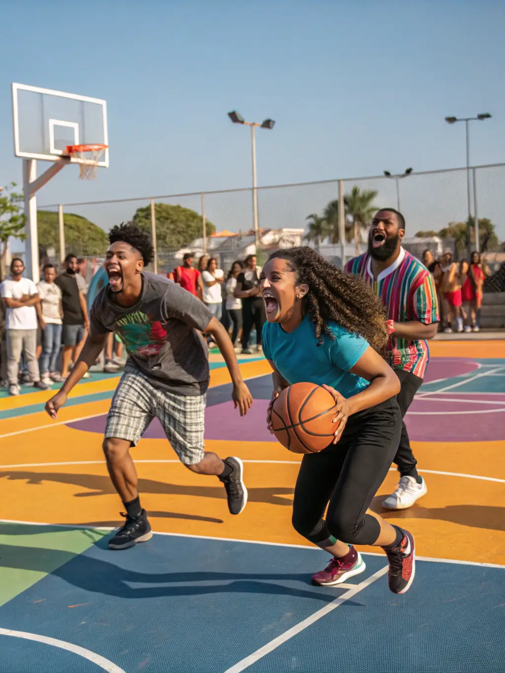 A dynamic image of children and adults playing basketball together, illustrating the association's dedication to fostering teamwork and community spirit.