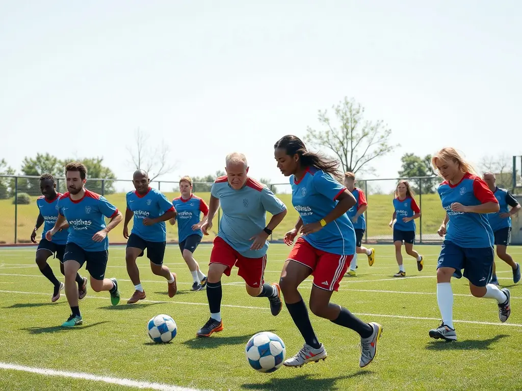 A vibrant image of a group of people playing soccer on a sunny field, showcasing teamwork and physical activity. The players are diverse in age and gender, reflecting the inclusive nature of ASSOCIATION SPORTIVE DE BOIVRE.