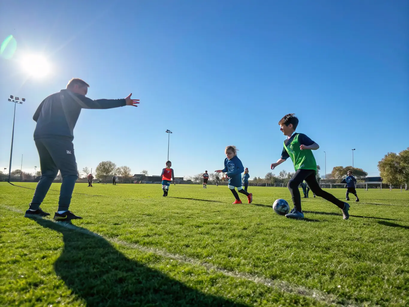A vibrant image of children playing soccer in a sunny field, representing youth sports programs offered by ASSOCIATION SPORTIVE DE BOIVRE.