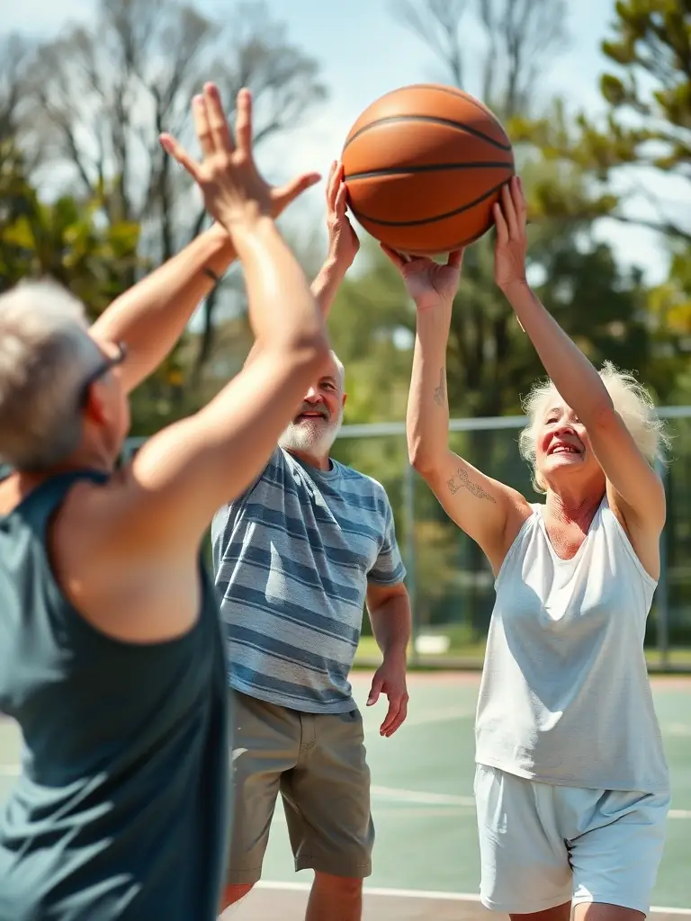 An image of adults playing a friendly basketball game, emphasizing the inclusive and social aspect of the activity.