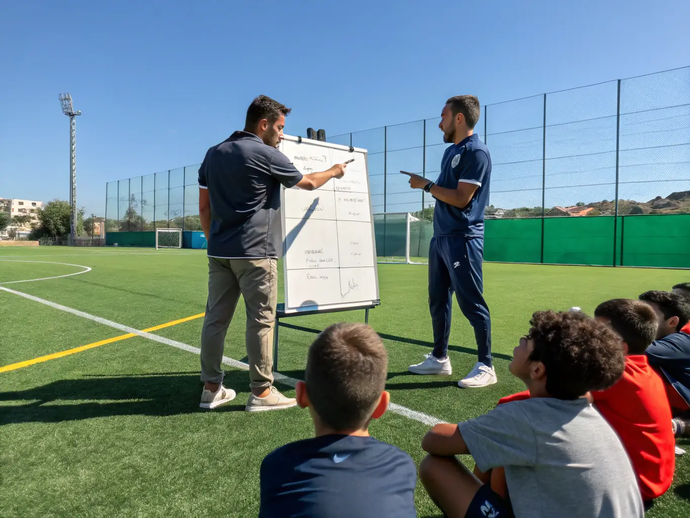 An image of a coach guiding young athletes during a training session, highlighting skill development and mentorship. The coach is providing personalized instruction and encouragement.