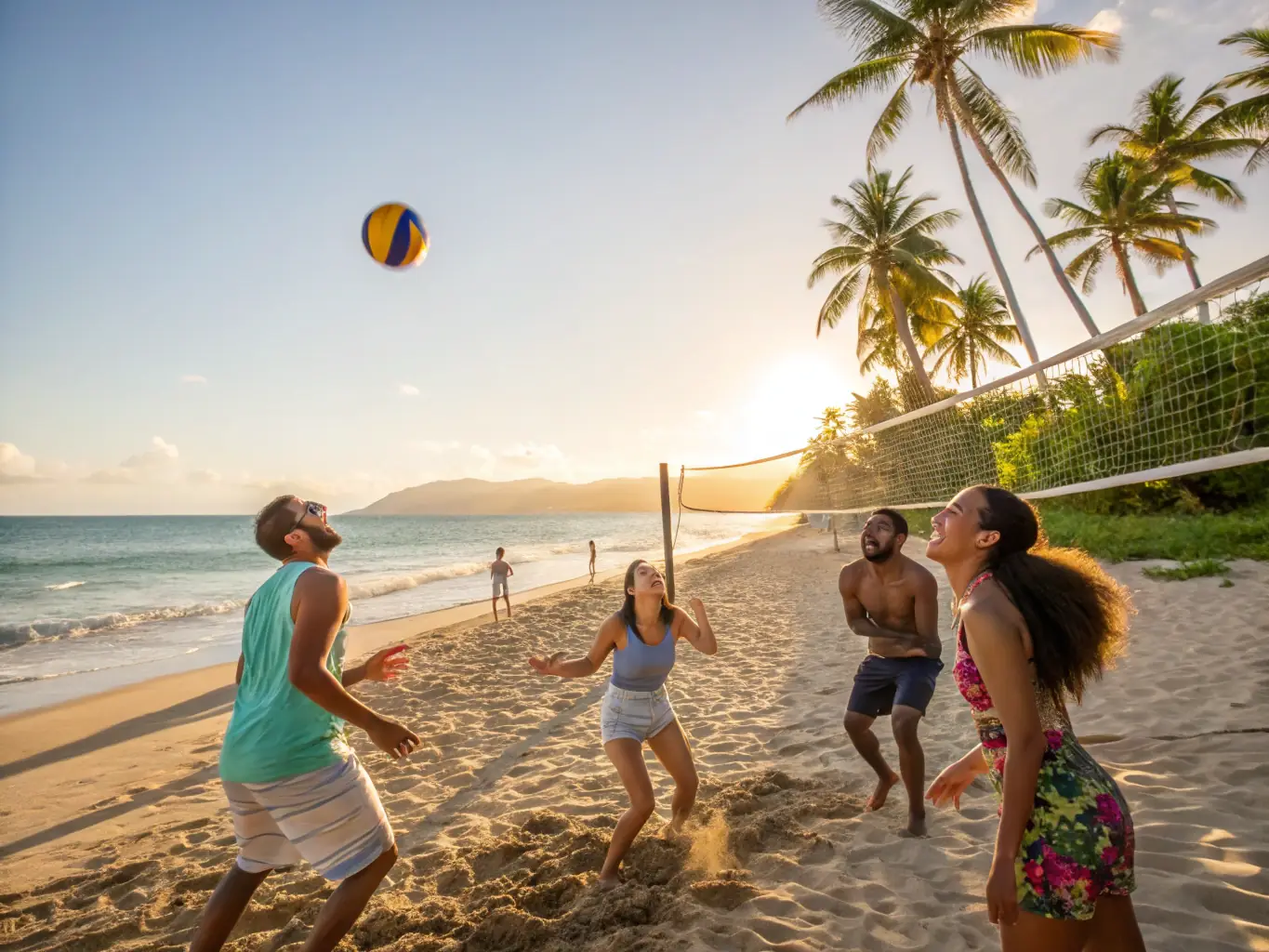 A dynamic image of people participating in a volleyball game on a beach, capturing the joy and camaraderie of the activity. The setting is relaxed and inviting, promoting a sense of community and well-being.