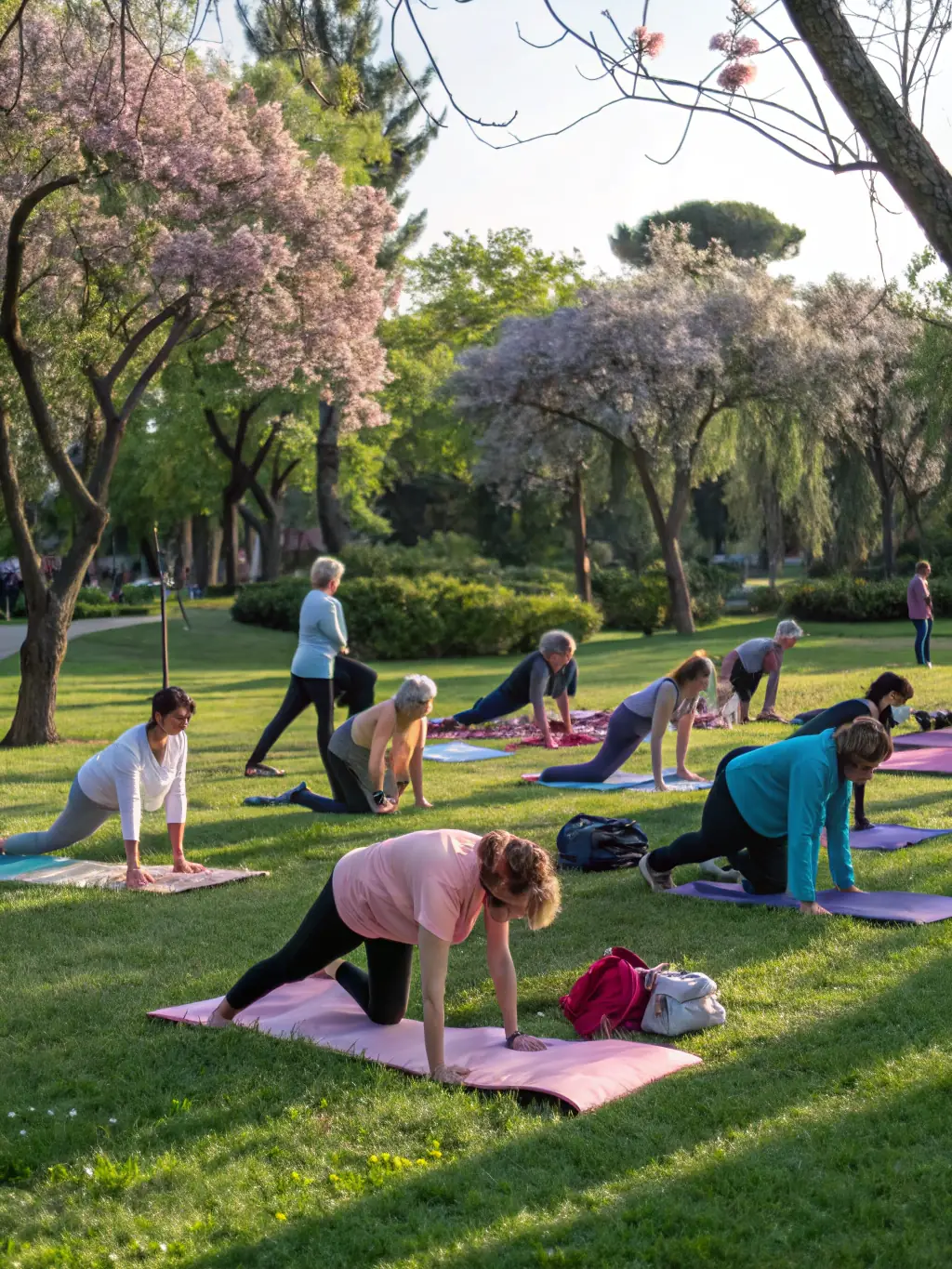 A group of diverse individuals participating in a yoga session outdoors, emphasizing the association's commitment to holistic well-being and stress reduction.